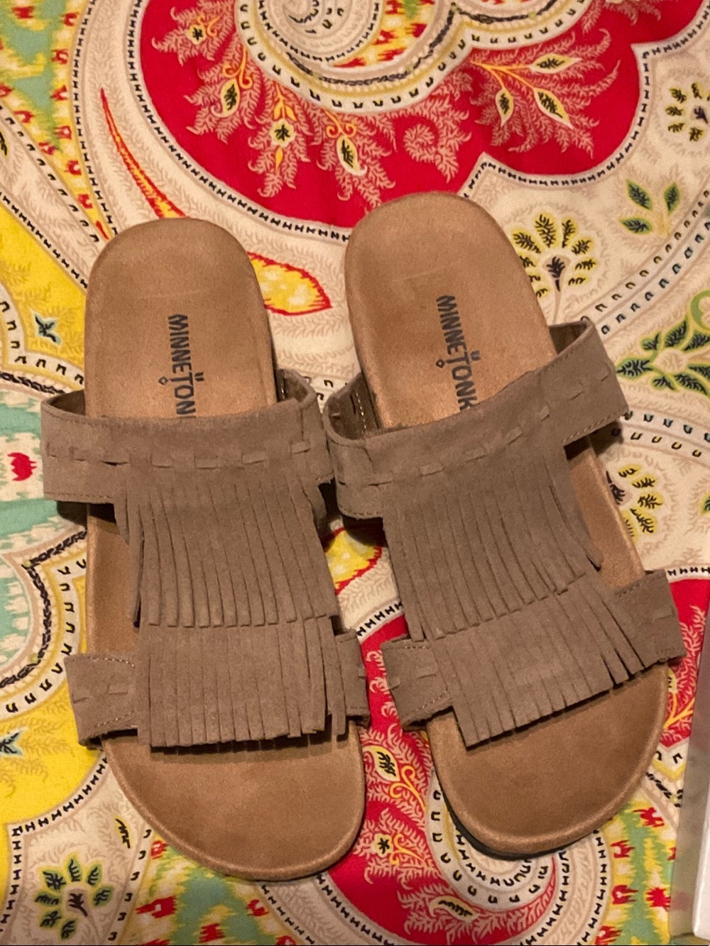 Minnetonka Taupe Suede Fringe Slide Mules